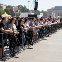 Фан-барьер МО‑2 2000×1000 в городской среде — металлические секции с V-образным рисунком ограждают толпу на мероприятии