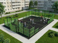 Ограждение спортплощадки ОСП-5 «Лайт-Спорт» в эксплуатации: группа детей играет в баскетбол