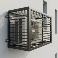 Защитный каркас для наружного блока кондиционера, установленный на стене здания. Чёрный металлический каркас окружает климатическое оборудование.