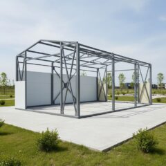 Быстровозводимые металлоконструкции: каркасная конструкция с глухой стеной, фермами и открытыми пролётами.