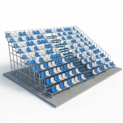 Цельносварная трибуна: 3D-модель многоярусной трибуны на 150 мест с металлическим каркасом и сине-белыми сиденьями, вид в перспективе.
