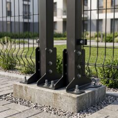 Двойное основание забора установлено на бетонном фундаменте, надёжно фиксирует два столба ограды