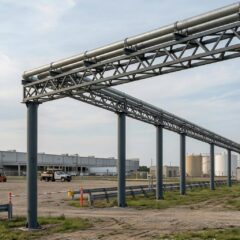 Линейный участок эстакады для трубопроводов на промышленной территории.
