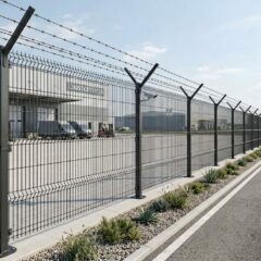 Промышленное ограждение «У-креп» установлено вдоль дороги, ограждая территорию промышленного предприятия