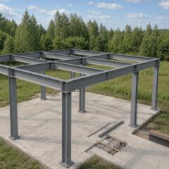 Каркас здания из металлических балок, установленный на бетонном фундаменте.