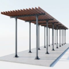 Металлические перголы: 3D-модель линейной перголы с реечным потолком и частым шагом колонн.