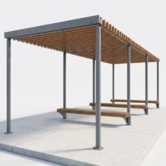 Металлические перголы: 3D-модель отдельностоящей перголы с реечным потолком из дерева и встроенными скамейками.