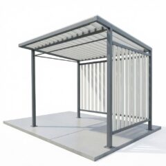 Металлические перголы: 3D-модель перголы с реечным потолком, вид с угла, с деревянными скамейками.