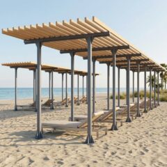 Металлические перголы: линейная пергола с реечным потолком на пляже, ряд шезлонгов.