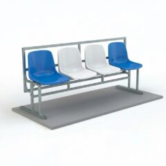 Мини-трибуна: 3D-модель компактной трибуны на 4 посадочных места с металлическим каркасом, чередующимися синими и белыми сиденьями и сплошным основанием.