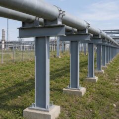 Металлические опоры трубопроводов, установленные на бетонном основании в поле.
