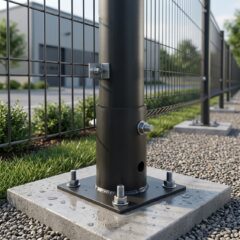 Круглый стакан для забора закреплён на бетонном основании, поддерживает заборный столб на участке с ландшафтным дизайном