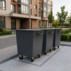 Три мусорных бака на колесах, установленные в ряд на придомовой территории.