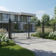 Распашные ворота «Классик» открыты на въезде в загородный дом, гармонично сочетаясь с зелёным газоном и декоративными кустарниками