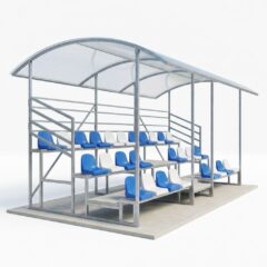 Трёхрядная трибуна с навесом: 3D-модель трибуны на 30 мест с арочным навесом из прозрачного поликарбоната и металлическим каркасом.