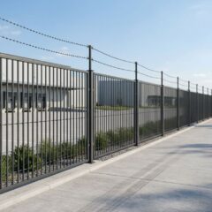 Сварное промышленное ограждение установлено вдоль периметра производственного здания, отделяя территорию от пешеходной дорожки