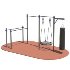 Спортивные площадки: воркаут‑зона с разноуровневыми турниками, подвесными качелями‑гнездом, боксерским мешком, габариты и шаг между стойками, тип крепления подвесных элементов.