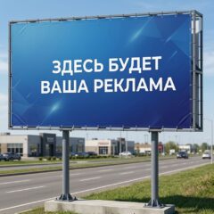Односторонний рекламный билборд на обочине дороги с синим рекламным полотном.