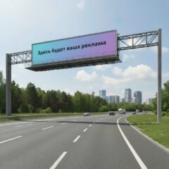 Рекламный щит с площадкой, установленный над автомагистралью, с рекламным баннером на фоне города.