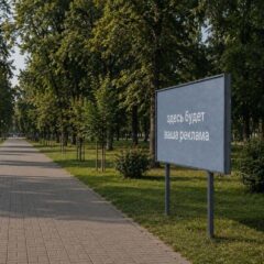 Сплошной рекламный щит, установленный вдоль пешеходной дорожки в парковой зоне.